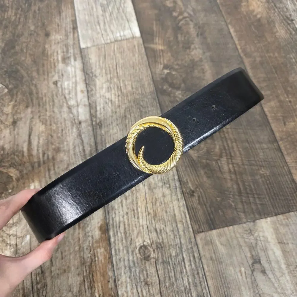 VINT Black Buffalo Calf Waist Leather Belt Gold Buckle Linda Allard Ellen Tracy